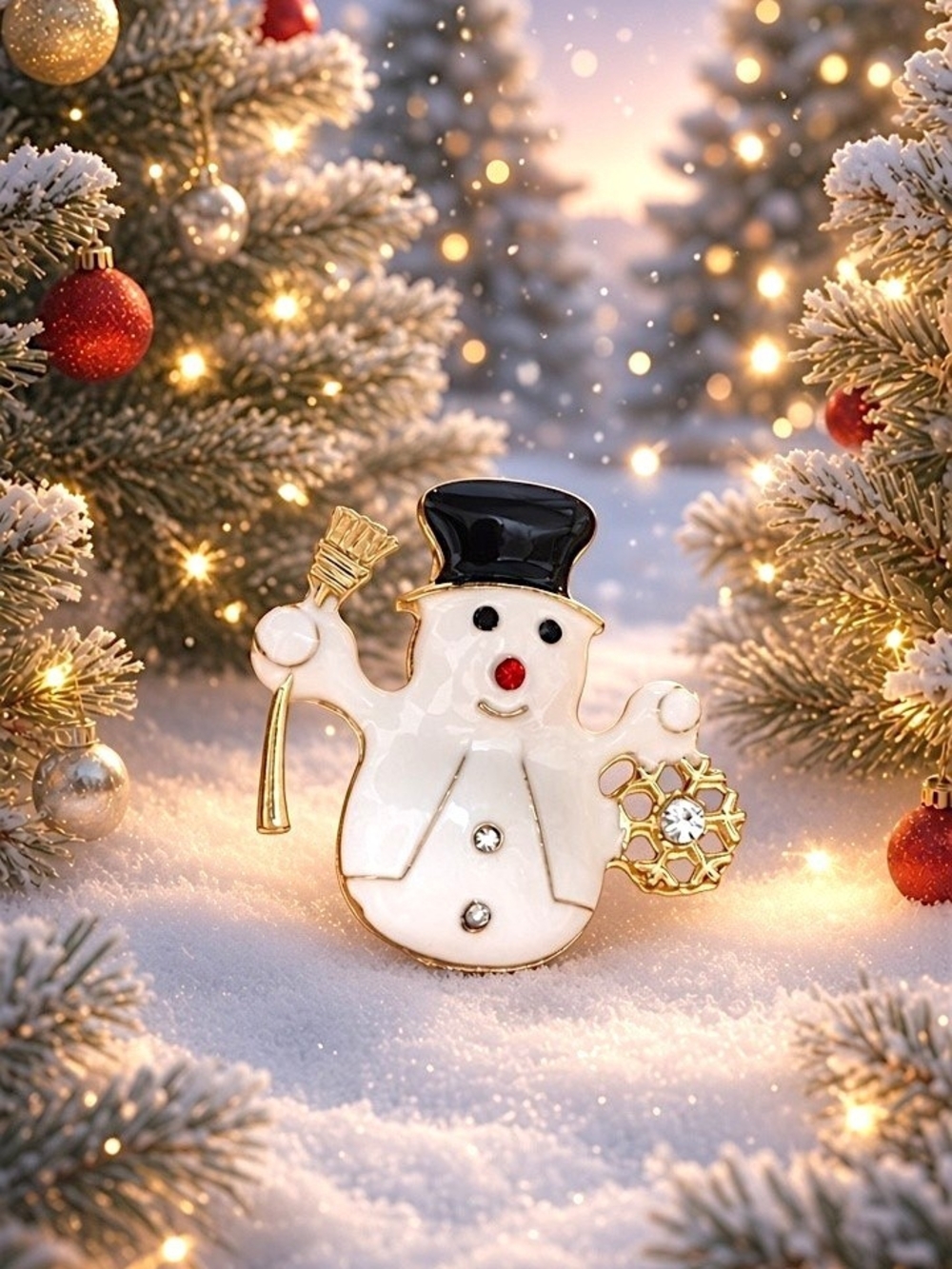 Holiday Snowman Brooch with Crystal Accents